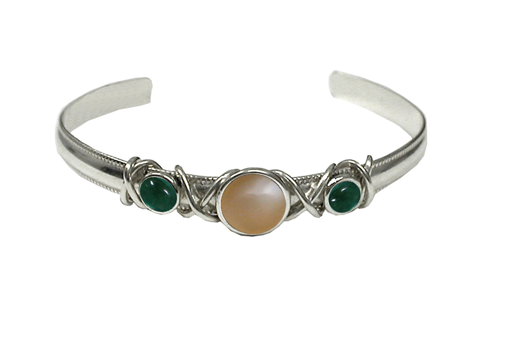 Sterling Silver Hand Made Cuff Bracelet With Peach Moonstone And Fluorite